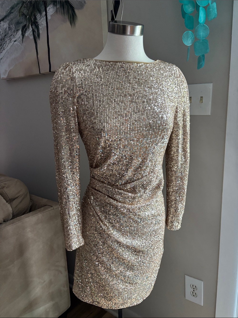 Nanette Lepore Champagne Sequin Long-Sleeve Sheath Dress